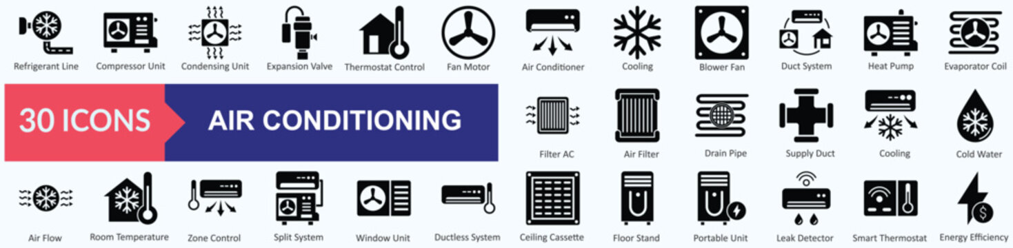 Air Conditioning icon set. Containing  Air Conditioner, Cooling, Blower Fan, Duct System, Heat Pump, Evaporator Coil, Refrigerant Line