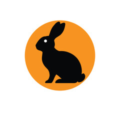 Black Rabbit Silhouette Vector Icon – Minimal Bunny Illustration on Orange Circle Background, Wildlife and Nature Design