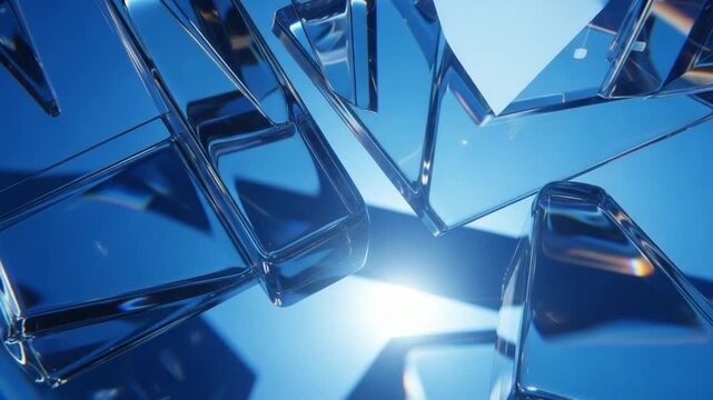 Abstract Shattered Glass Fragments with Blue Sky Background Sunlight Glinting Off Edges