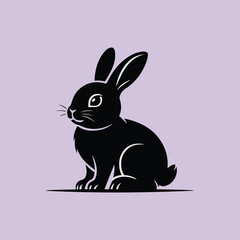 Black Rabbit Silhouette Illustration – Cute Bunny Logo Design on Purple Background, Symbol of Nature, Peace, and Spring.