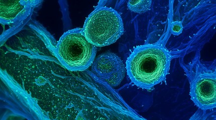 Listeria monocytogenes bacteria on raw fish, light blue-emerald green, beautiful biology.