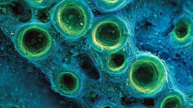 Listeria monocytogenes bacteria on raw fish, light blue-emerald green, beautiful biology.