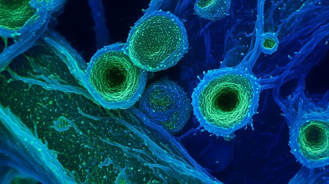 Listeria monocytogenes bacteria on raw fish, light blue-emerald green, beautiful biology.