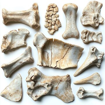 Collection of various aged and weathered animal bones and bone fragments arranged on a white background