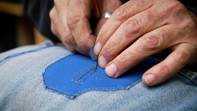Expert hands mending jeans with vibrant blue patch and needle, showcasing craftsmanship and textile repair, a sustainable solution for clothing