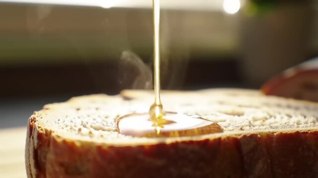 Golden syrup pouring onto bread slice close up food photography