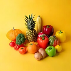 A vibrant collection of fresh produce against a sunny yellow backdrop