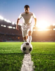 Obraz premium A focused soccer player in a vibrant jersey dribbles the ball skillfully across a lush green field, with goalposts and cheering fans in the background.