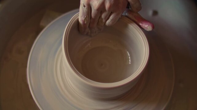 Close-up of hands smoothing inner surface of clay bowl on spinning pottery wheel during ceramics shaping process in art studio - Powered by Adobe