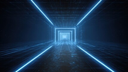 Naklejka premium Endless Geometric Virtual Reality Corridor Glowing Blue Wireframe Light Stripes Perspective Tunnel Background Abstract Cyber Space