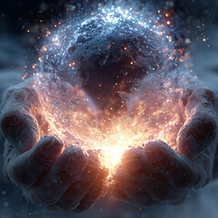 Birth of Time — Cosmic Hands Creating a Glowing Orb of Energy