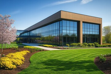 Fototapeta premium Modern glass office building surrounded by well-maintained landscaped garden with vibrant flowers and lush green lawn under clear blue sky