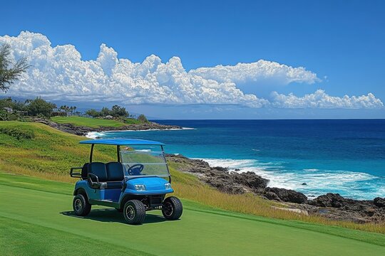blue golf cart parked on a bright green golf course near rocky coastline under clear blue sky with large fluffy clouds