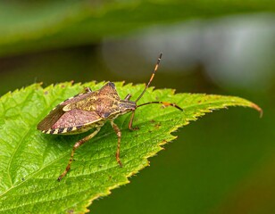 Close-up of brown and green insect on a green leaf