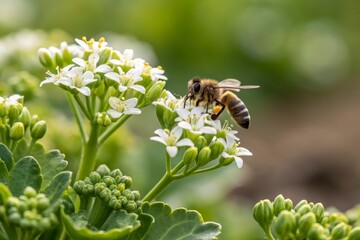 Bee pollinating white flower among a vegetable plant macro shot
