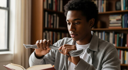 Focused African American male student meticulously counting money, managing his finances for tuition fees and university expenses in a library