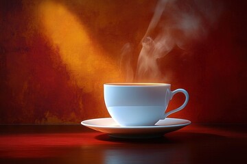 Fototapeta premium White cup filled with hot steaming coffee or tea on a matching saucer against an orange and red textured background, evoking warmth and comfort