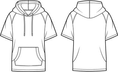 Short sleeve hoodie sketch, fashion design template, technical flat drawing, kangaroo pocket sweatshirt, garment illustration, vector outline, front and back view