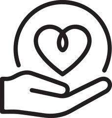 Simple line art icon of a hand gently holding a heart inside a circle