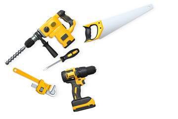 Assorted construction tools including drill, saw, pliers, and headphones on white background with clipping path, concept of DIY