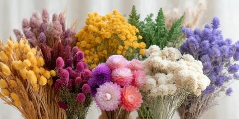 a bouquet of dried flowers, including strawflowers and gerbera daisies, is arranged in an elegant display on the table.