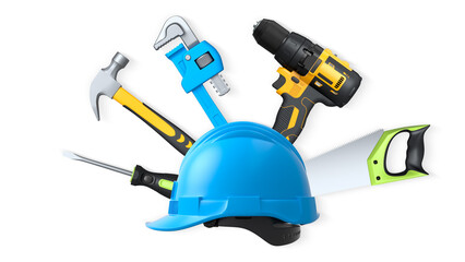 Safety helmet, hammer, pipe wrench, saw and power drill isolated on white background. Concept of construction tools and safety