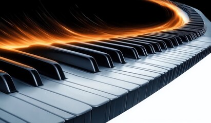 Curved piano keyboard with glowing orange light streaks flowing above black and white keys against dark background conveying dynamic musical energy