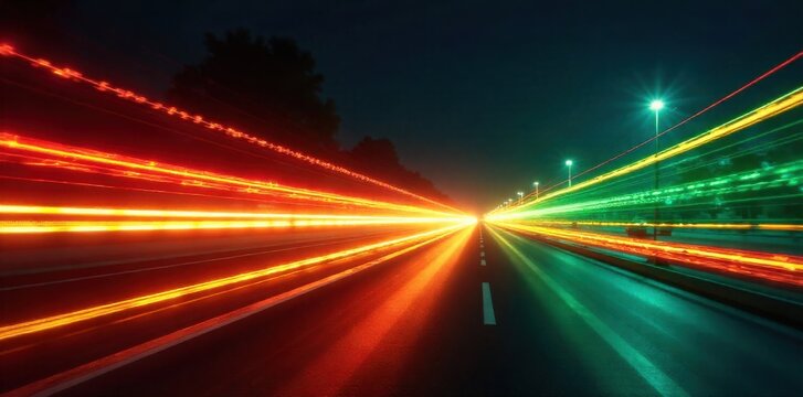 Abstract light trails, dynamic energy flow, electronic music visualization An abstract, flowing visualization of vibrant, neon light trails in dynamic motion, creating a sense of energetic sound waves