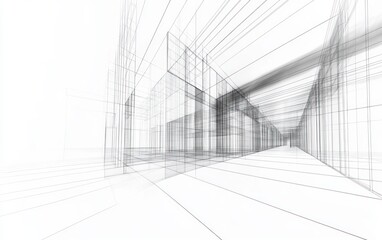 Three-dimensional wireframe rendering of a modern architectural corridor with transparent walls and structural lines extending into the distance