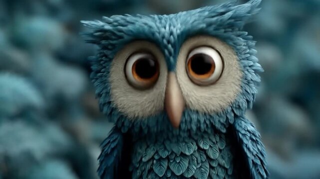 Animated owl in forest curious bird with textured feathers in nature scene