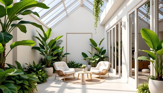 Modern Indoor Botanical Conservatory with Sunlit Reading Nook - Powered by Adobe