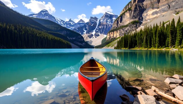 A vibrant red canoe floats on the turquoise water of a serene mountain lake, framed by snow-capped peaks and a pine forest.