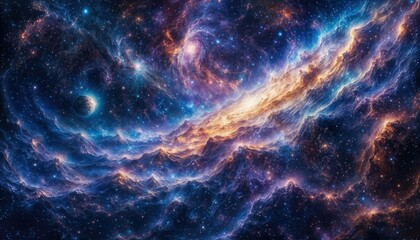 A vibrant galaxy glows in the dark expanse of space, showcasing swirling gases and sparkling stars. Hues of orange and blue blend beautifully, revealing cosmic patterns.
