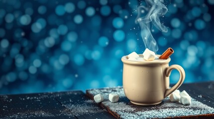 Steaming Winter Hot Cocoa Mug with Marshmallows, Cinnamon, and Blue Bokeh Snow_2