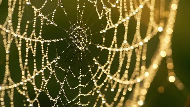 Close-up of a spider web covered in glistening dew drops at dawn.