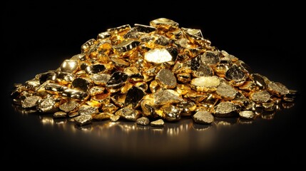 Pile of Gold Nuggets: A dazzling cluster of gold nuggets gleams under a soft light, showcasing the allure and value of precious metals.