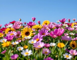 Fototapeta premium Vibrant Wildflowers Meadow Under Clear Blue Sky