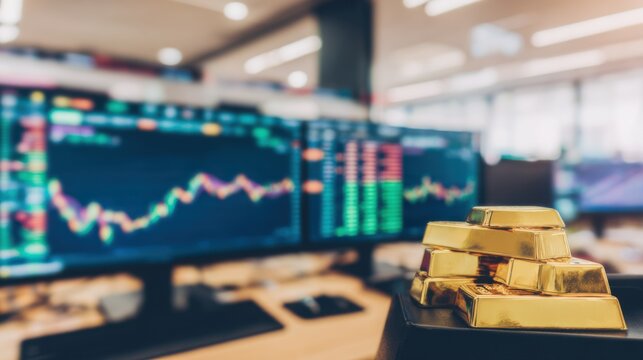 Golden Bars in a Trading Hub: Gold bars sit prominently amidst a vibrant trading environment, with a blurred backdrop of computer screens displaying complex financial data. 