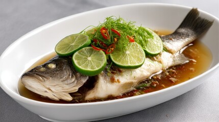 Steamed sea bass fillet with aromatic garlic, lime and chili garnish, visible wisps of steam, elegant white dish, soft grey backdrop, soft light.