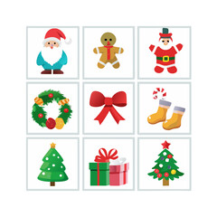 Festive christmas icons set vector illustration with santa claus gingerbread man and gifts