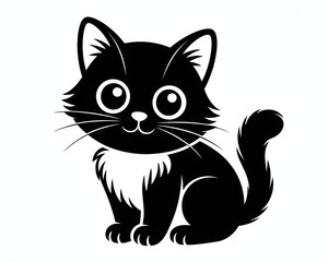 Obraz premium Cute cartoon black kitten with big eyes sitting and looking forward isolated on white background