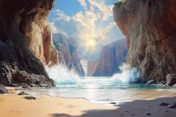 Sun shining through dramatic rocky cliffs onto a sandy beach with ocean waves crashing gently under a partly cloudy blue sky