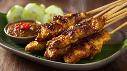 Gourmet Thai chicken skewers with peanut sauce and pickled cucumber, arranged on banana leaf, slight steam effect, soft warm light.