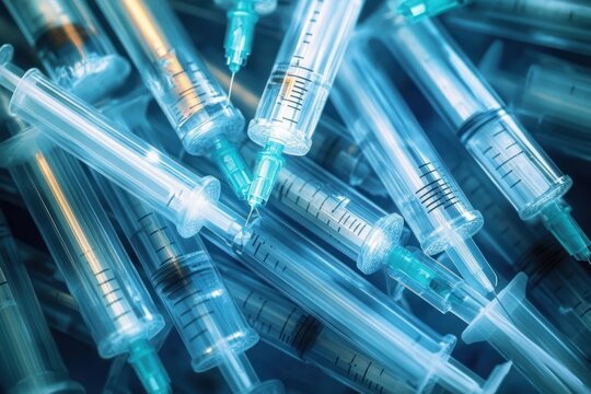 Close-up of multiple transparent plastic syringes with blue needles arranged randomly indicating medical or healthcare use