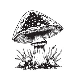 Vector art of black and white illustration of a mushroom logo.