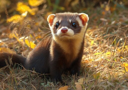 Close-up of a curious small brown and cream ferret standing on dry grass with a softly lit autumn background - Powered by Adobe