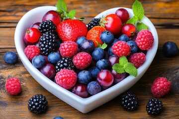 Heart-shaped white bowl filled with fresh mixed berries including strawberries, raspberries, blackberries, blueberries, and red grapes on a wooden surface with mint leaves
