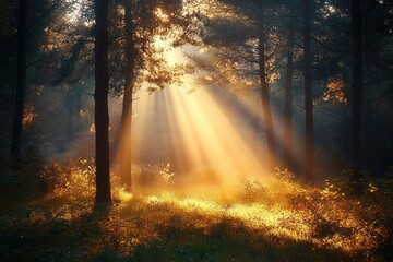 Golden sunlight beams piercing through dense forest trees illuminating foliage and creating a serene, warm, and peaceful atmosphere