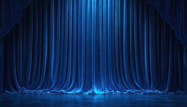 Closed deep blue velvet theater curtains hanging on stage with soft lighting creating a dramatic atmosphere
