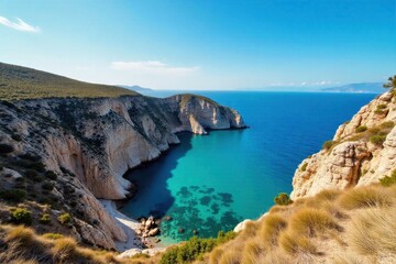 Fototapeta premium Azure Aegean Sea meeting rugged Turkish coastline with ancient ruins A sweeping drone shot of a rugged Turkish coastline meeting the azure Aegean Sea. Ancient stone ruins are scattered on the sun